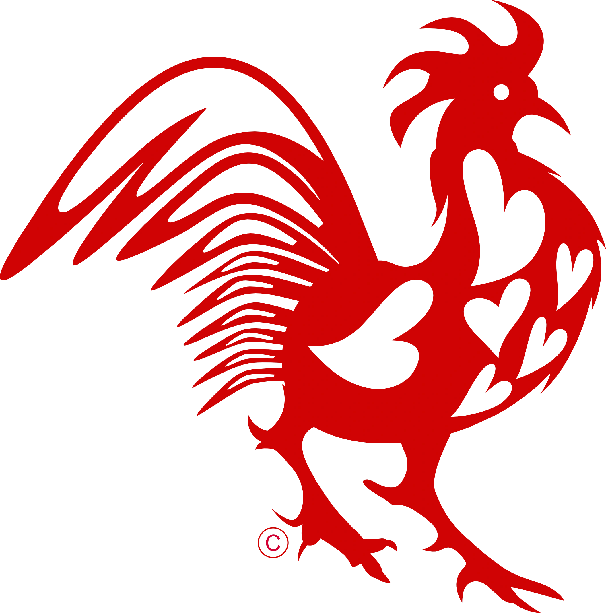 A red rooster is shown on the ground.