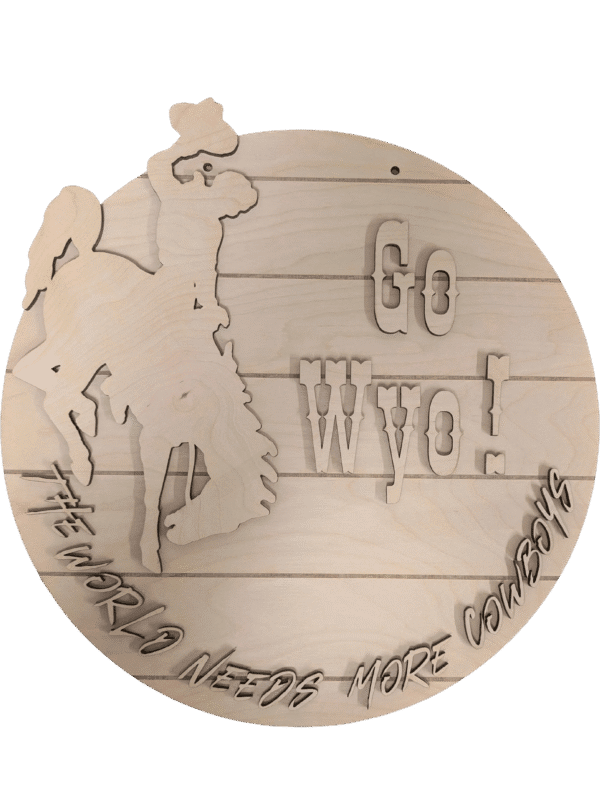 Red Rooster Laser Arts The DIY Door Hanger Kit - University of Wyoming Pride features a cowboy-on-horse silhouette, “Go Wyo!” cutout, and “The world needs more cowboys” engraving—great for your DIY door hanger or to pair with other kits.