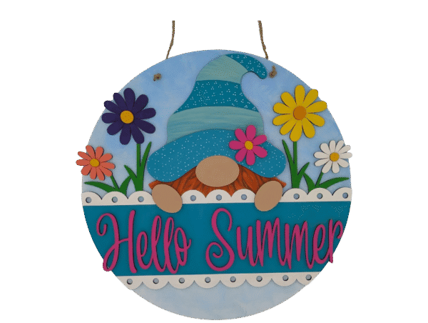 Red Rooster Laser Arts The DIY Door Hanger Kit - Gnome Summer features a round hanger with vibrant flowers, a blue-hatted gnome, and Hello Summer in bright pink script, ready to hang with twine—ideal for crafting cheerful summer door decor.