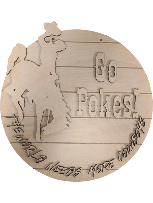 Red Rooster Laser Arts Celebrate your school spirit with the DIY Door Hanger Kit - University of Wyoming Pride, featuring a cowboy on a bucking horse, Go Pokes! in the center, and The world needs more cowboys along the bottom edge.