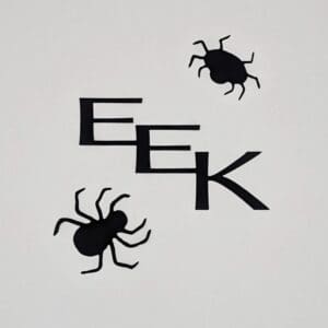 A white wall with three black bugs and the word eek.