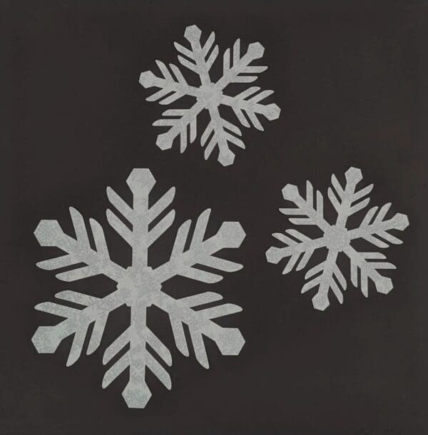 Three different sized snowflakes are shown on a black background.