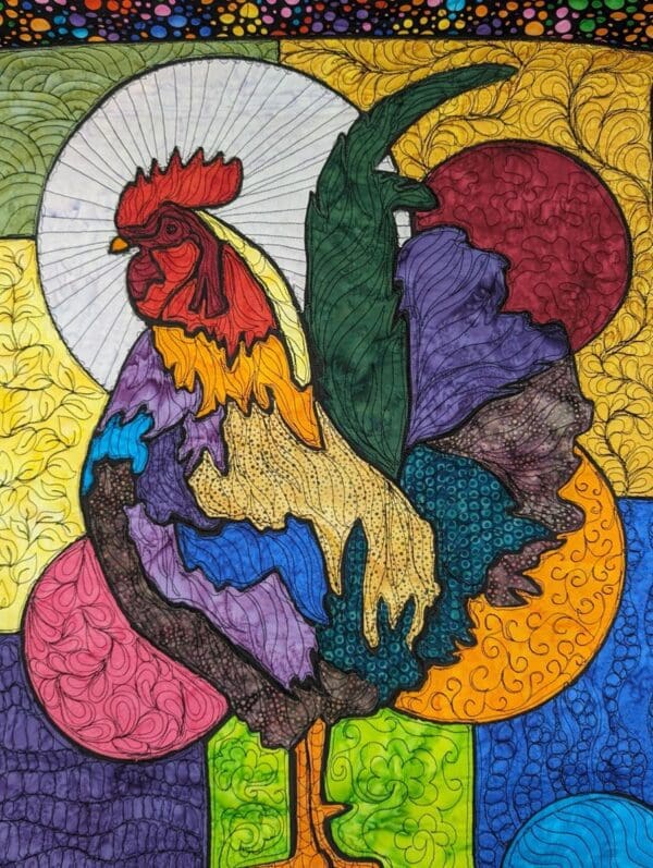 A colorful rooster is depicted in this painting.