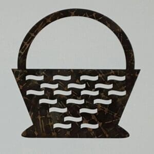 Red Rooster Laser Arts The Flower Basket Laser Cut and Pre-fused Applique Embellishment features a camouflage-patterned design with a curved handle, showcasing an intricate lattice effect of rectangular cut-outs on a plain white background.