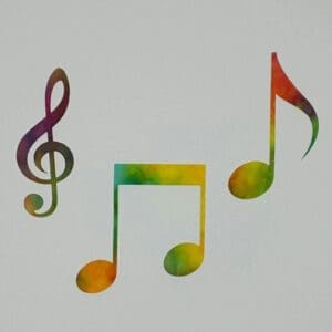 A rainbow colored musical note and treble clef.