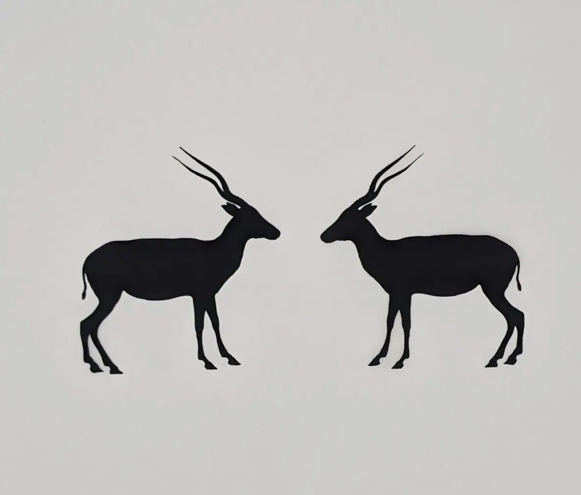 Two gazelles are standing side by side in the snow.