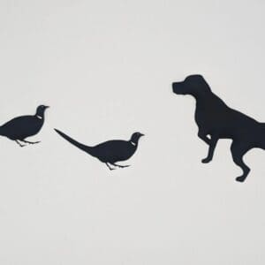 A dog and two birds flying in the sky.