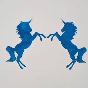 Two blue unicorns are touching each other.