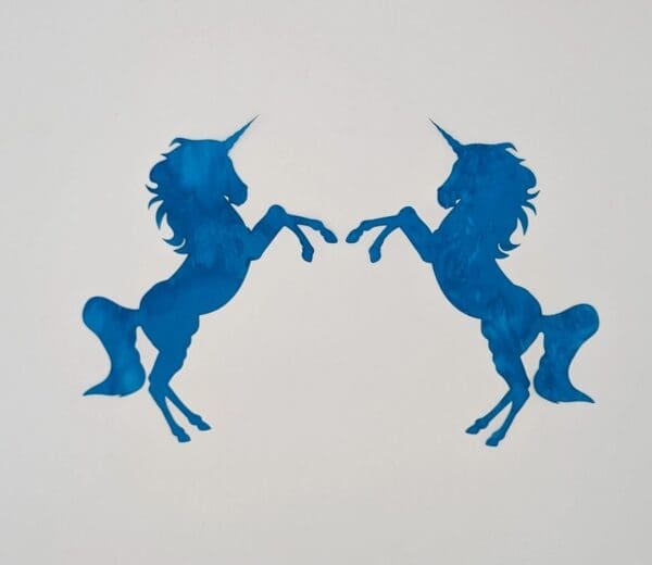 Two blue unicorns are touching each other.