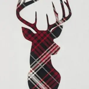 A red and black plaid deer head with antlers.