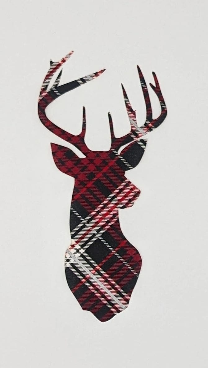 A red and black plaid deer head with antlers.