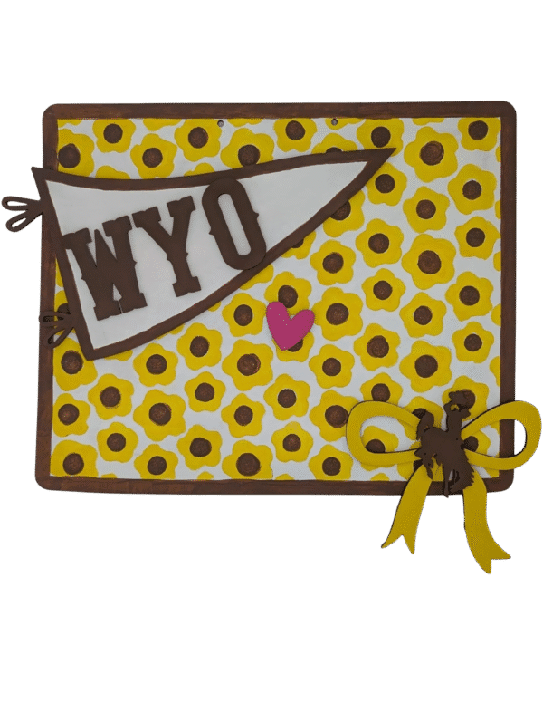 Red Rooster Laser Arts Get inspired for your next project with the DIY Door Hanger Kit - Wyoming State, featuring a yellow and brown floral design, WYO pennant, pink heart, and yellow bow with cowboy silhouette—perfect for graduation season!.