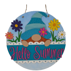 Red Rooster Laser Arts The DIY Door Hanger Kit - Gnome Summer features a round hanger with vibrant flowers, a blue-hatted gnome, and Hello Summer in bright pink script, ready to hang with twine—ideal for crafting cheerful summer door decor.