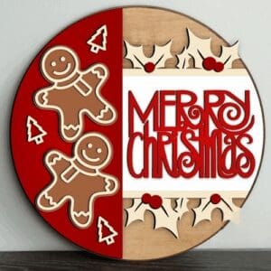 Red Rooster Laser Arts The DIY Door Hanger Kit - Merry Christmas Gingerbread features two gingerbread men, holly with berries, and “Merry Christmas” on a red and wood background—perfect for creating charming holiday decor.