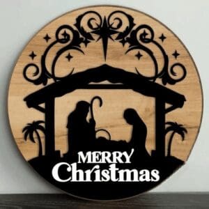 Red Rooster Laser Arts The DIY Door Hanger Kit - Nativity features a wooden plaque with a black silhouette of Mary, Joseph, and baby Jesus in a manger, decorative swirls and stars above, and "Merry Christmas" in white—ideal for festive DIY projects.