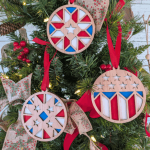 Patriotic-themed Christmas ornaments on tree.