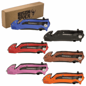 Red Rooster Laser Arts Six folded Bison River pocket knives in various colors are displayed in two rows, with a branded box and an Aluminum Personalized Cake Pan (Copy) featured in the background.