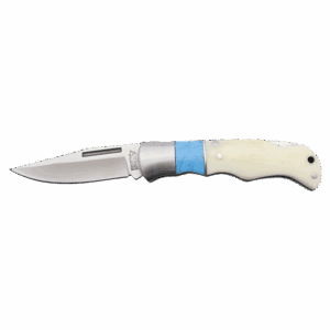Red Rooster Laser Arts The Personalized Bison River Blue/Bone Folding Knife is a folding pocket knife with a silver blade, shiny bolster, and a handle featuring white and light blue curved sections.