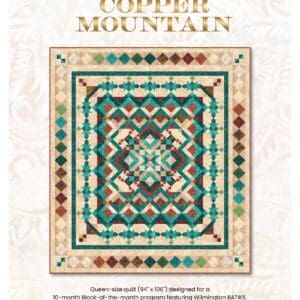 Red Rooster Laser Arts The program flyer features the Copper Mountain BOM, a colorful quilt with intricate geometric diamond and star patterns in teal, copper, and cream tones, shown next to the Windsong Block of the Month Quilt Kit.