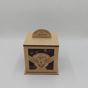 Red Rooster Laser Arts The United States of America 250th Anniversary Lighted Keepsake Table Decoration is a wooden box with an eagle design and “USA 250th Anniversary Lighted Keepsake” on the front and top plaque, set against a plain white background.
