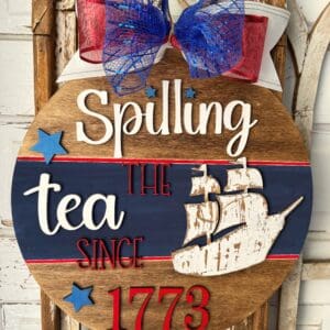 Red Rooster Laser Arts The DIY Door Hanger Kit - "Happy Birthday 250 USA" includes a wooden hanger with a painted ship, red and blue stars, "Spilling the tea since 1773," and a red, white, and blue mesh bow—perfect for festive DIY décor.