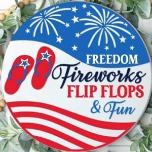 Red Rooster Laser Arts A round DIY door hanger kit called "Patriotic Welcome - Truck" features a festive truck design with patriotic elements, perfect for summer décor. Includes all materials needed to create your own decorative door hanger.