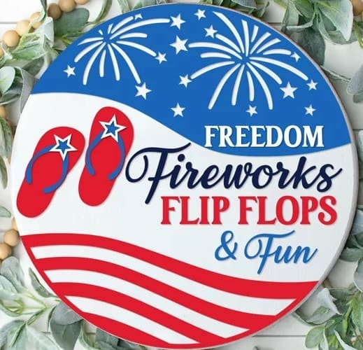 Red Rooster Laser Arts A round DIY door hanger kit called "Patriotic Welcome - Truck" features a festive truck design with patriotic elements, perfect for summer décor. Includes all materials needed to create your own decorative door hanger.