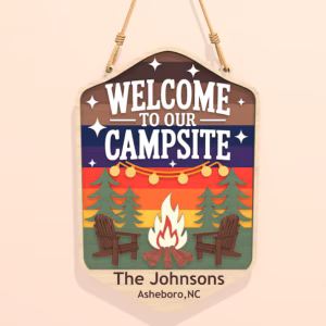 Red Rooster Laser Arts DIY Door Hanger Kit - "Welcome to our Campsite 2" features bold text, colorful trees, string lights, a campfire, two chairs, and includes custom details like names and location. Hang by rope for a personalized camping decor accent.