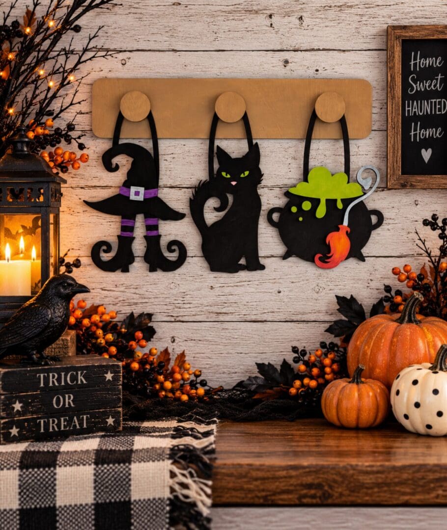 Red Rooster Laser Arts The DIY Interchangeable Wall Peg System Decor - Witchy Halloween features a rustic wooden background with a creative display: interchangeable pieces including a witch hat, black cat, and bubbling cauldron that hang on hooks. The scene is enhanced with pumpkins, berries, a candle lantern, a crow, and festive signs for the perfect spooky touch.
