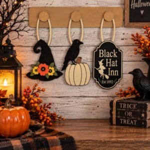 Red Rooster Laser Arts Bring festive charm to your home this fall with the DIY Interchangeable Wall Peg System Decor - Black Hat Inn Halloween, featuring a lantern, pumpkins, a Black Hat Inn sign, a witch hat, a raven perched on a pumpkin, and autumn decorations—all set against a rustic wooden background for the perfect customizable Halloween touch.