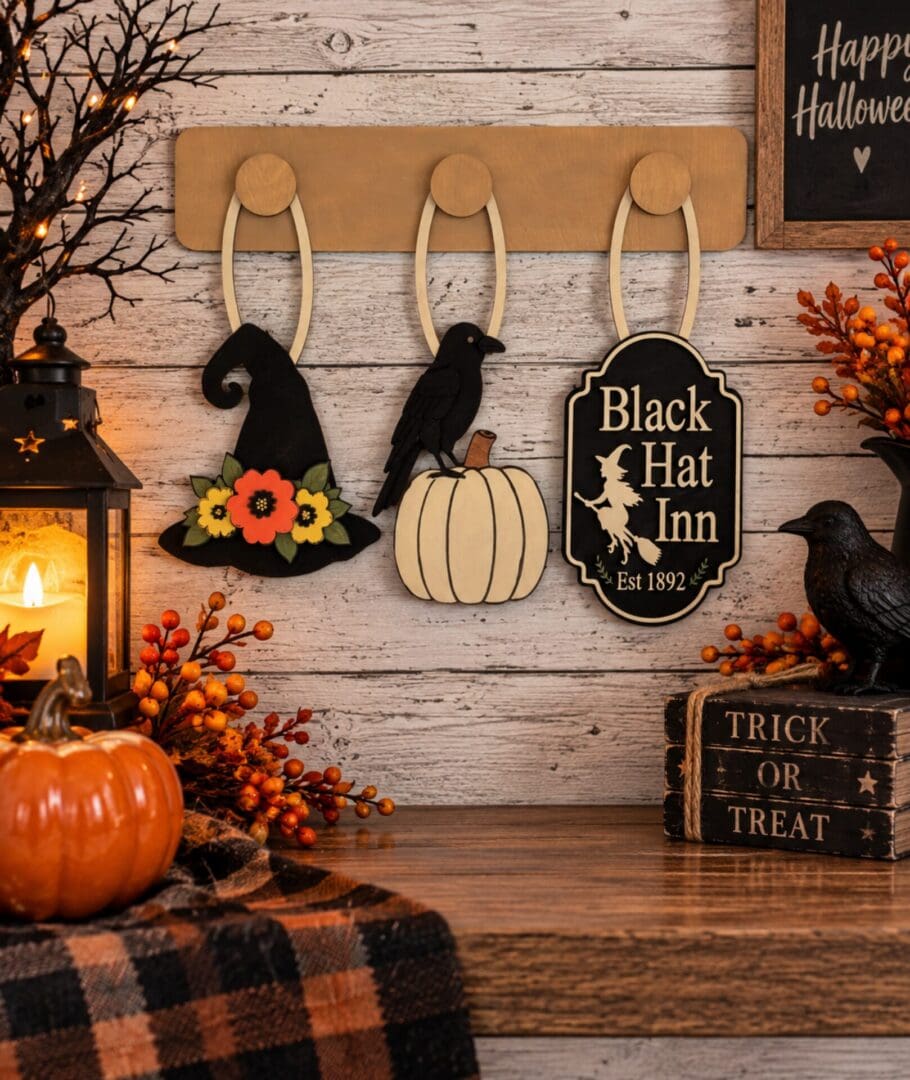 Red Rooster Laser Arts Bring festive charm to your home this fall with the DIY Interchangeable Wall Peg System Decor - Black Hat Inn Halloween, featuring a lantern, pumpkins, a Black Hat Inn sign, a witch hat, a raven perched on a pumpkin, and autumn decorations—all set against a rustic wooden background for the perfect customizable Halloween touch.