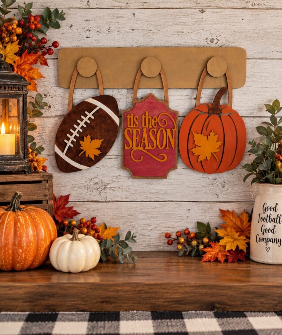 Red Rooster Laser Arts Bring the spirit of autumn and football season into your home with the DIY Interchangeable Wall Peg System Decor – Fall Football, featuring a football, “Tis the Season” sign, and pumpkin on a wooden wall, surrounded by fall leaves, pumpkins, lanterns, and a jar labeled “Good Football Good Company”—the perfect way to celebrate Fall and Football in style with customizable decor!.