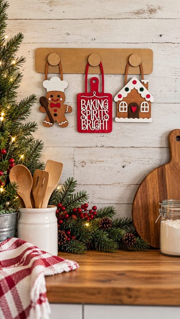 Red Rooster Laser Arts Wooden wall rack from a DIY Interchangeable Wall Peg System Decor - Baking Spirits Bright, featuring gingerbread ornaments, a red Baking Spirits Bright sign, and a gingerbread house on a kitchen counter with holiday decor.