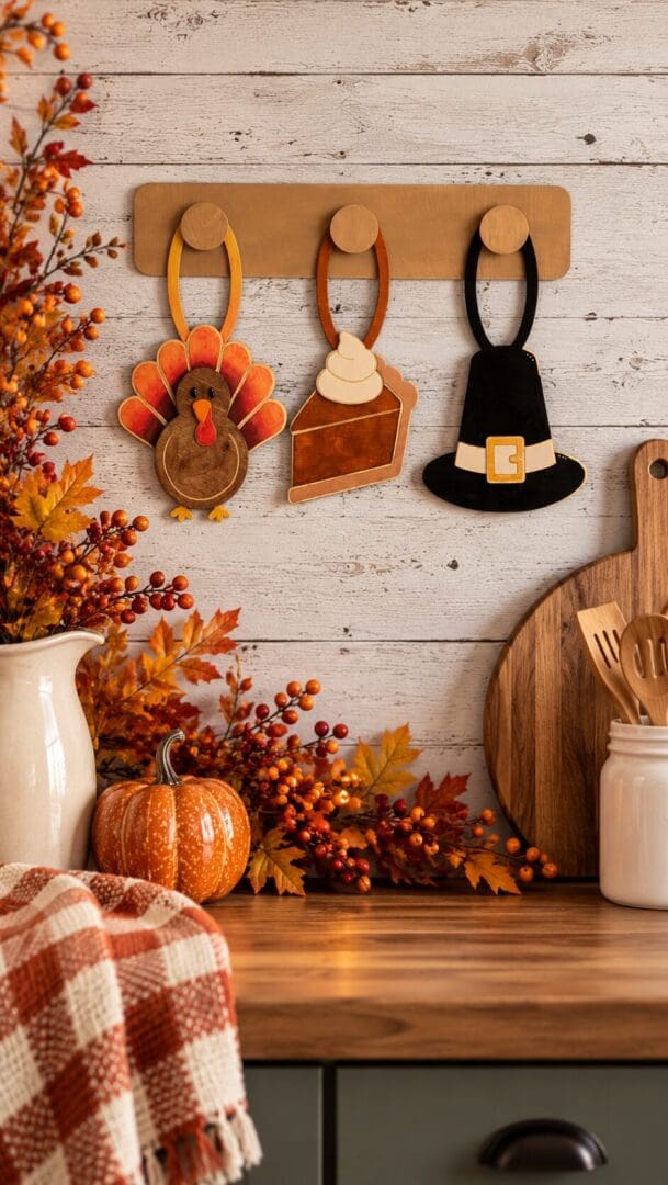 Red Rooster Laser Arts DIY Interchangeable Wall Peg System Decor - Gobble, Gobble and Gather featuring three interchangeable wooden ornaments shaped like a turkey, a slice of pie, and a pilgrim hat hanging from a wooden wall peg rack.