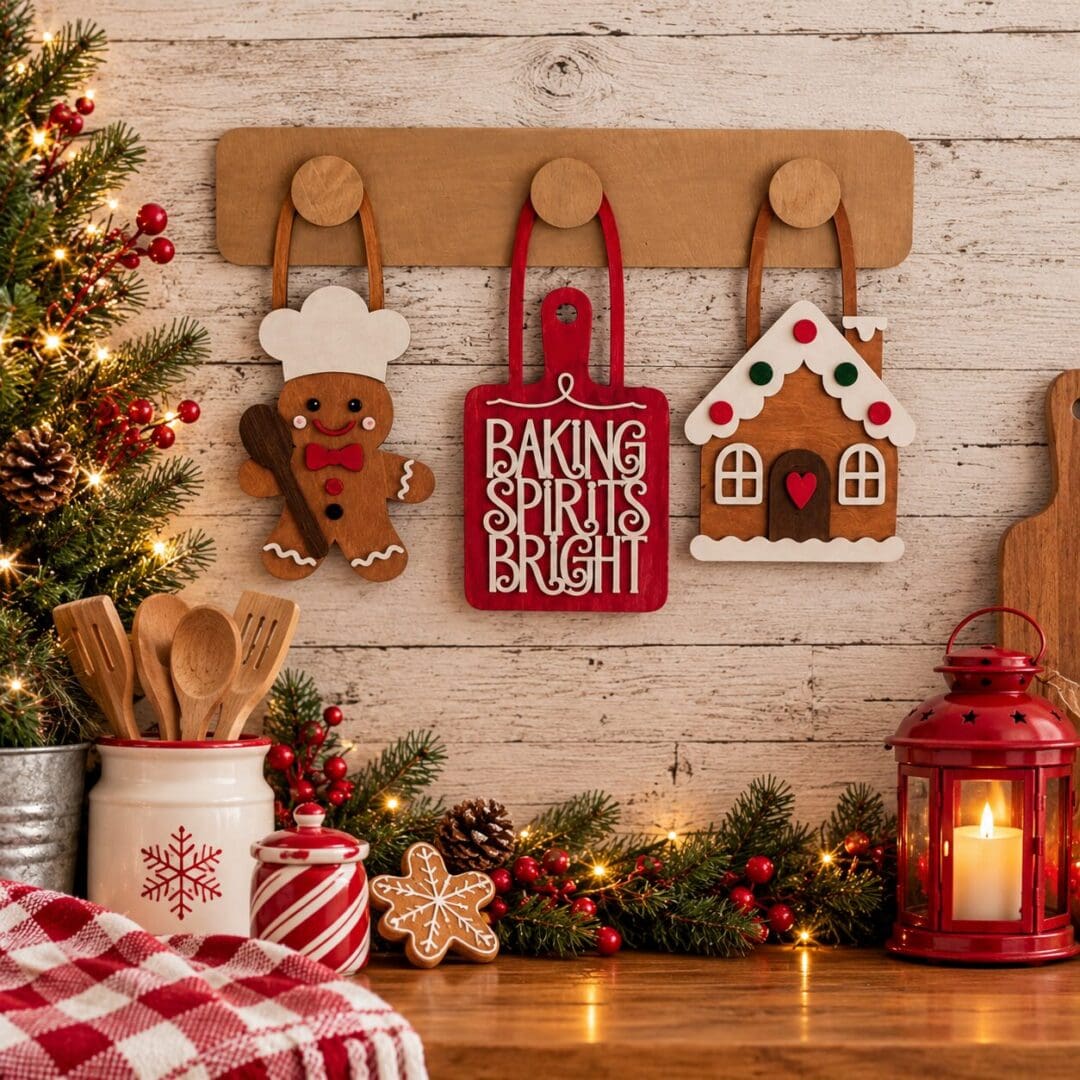 Red Rooster Laser Arts A wall rack displaying a DIY Interchangeable Wall Peg System Decor - Baking Spirits Bright kit, featuring a gingerbread man, a red sign that reads BAKING SPIRITS BRIGHT, and a miniature gingerbread house.