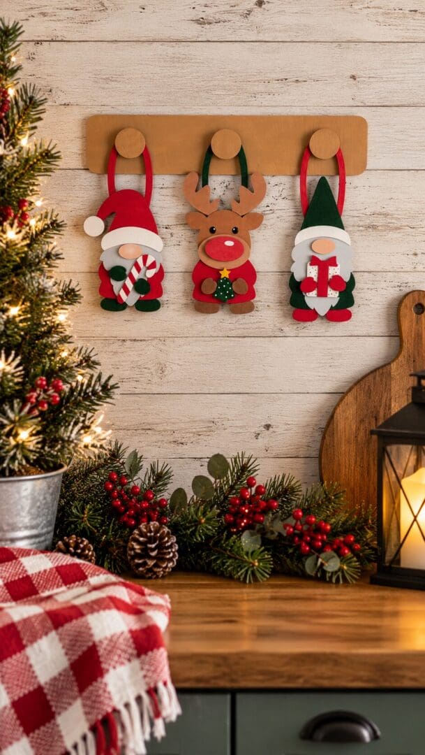 Red Rooster Laser Arts Three felt holiday ornaments—a gnome with a candy cane, a reindeer, and a gnome with a gift—from a DIY Interchangeable Wall Peg System Decor - Gnome for the Holidays kit, hanging above festive greenery and a lantern.
