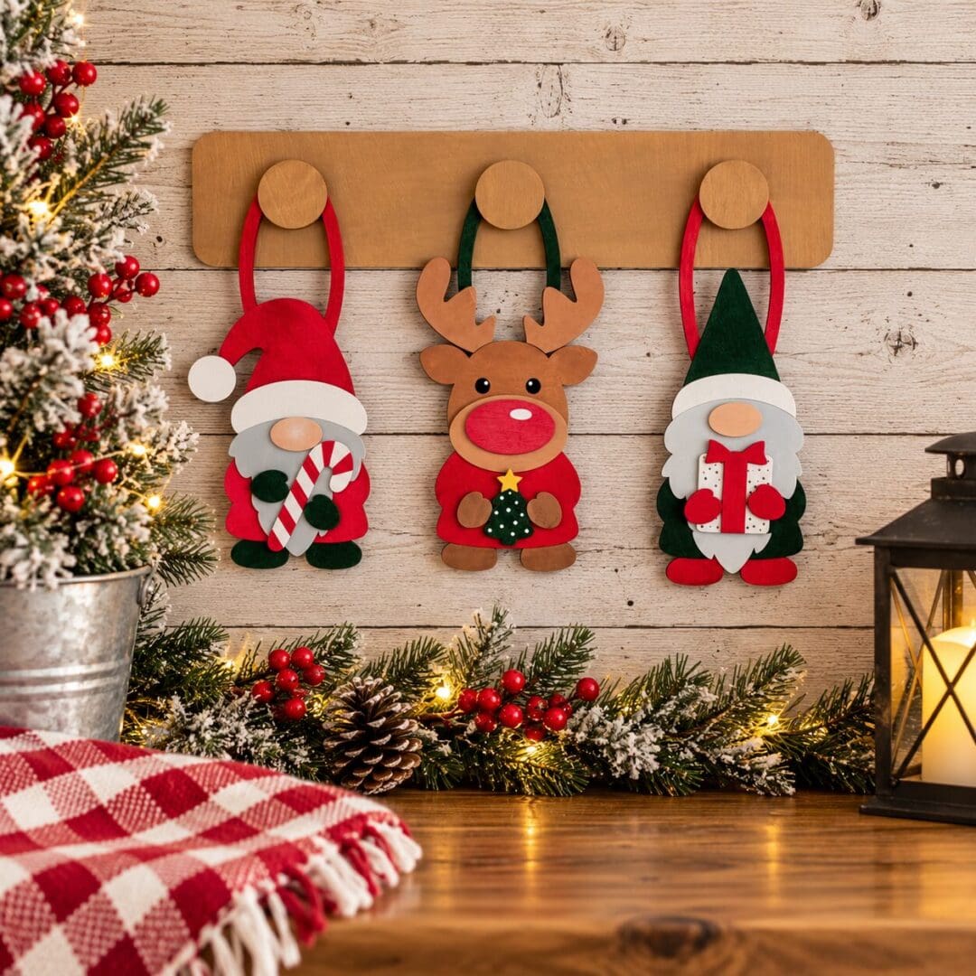 Red Rooster Laser Arts Three felt holiday ornaments—a gnome with a candy cane, a reindeer, and a gnome with a gift—hanging from the DIY Interchangeable Wall Peg System Decor - Gnome for the Holidays wooden rack.