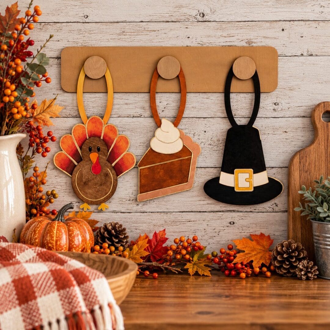 Red Rooster Laser Arts DIY Interchangeable Wall Peg System Decor - Gobble, Gobble and Gather featuring a wooden wall rack with three hanging Thanksgiving ornaments shaped like a turkey, a slice of pumpkin pie, and a pilgrim hat.